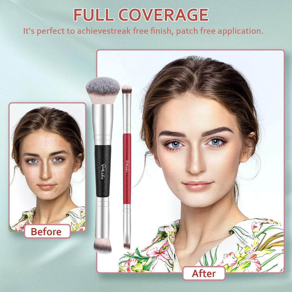 Makeup Brushes Dual-Ended Foundation Brush -  2-In-1 Concealer Brush Face Eyebrow Eyeshadow Brush for Liquid, Powder, Buffing, Blending, Contouring Foundation Make up Brushes(2Pcs)