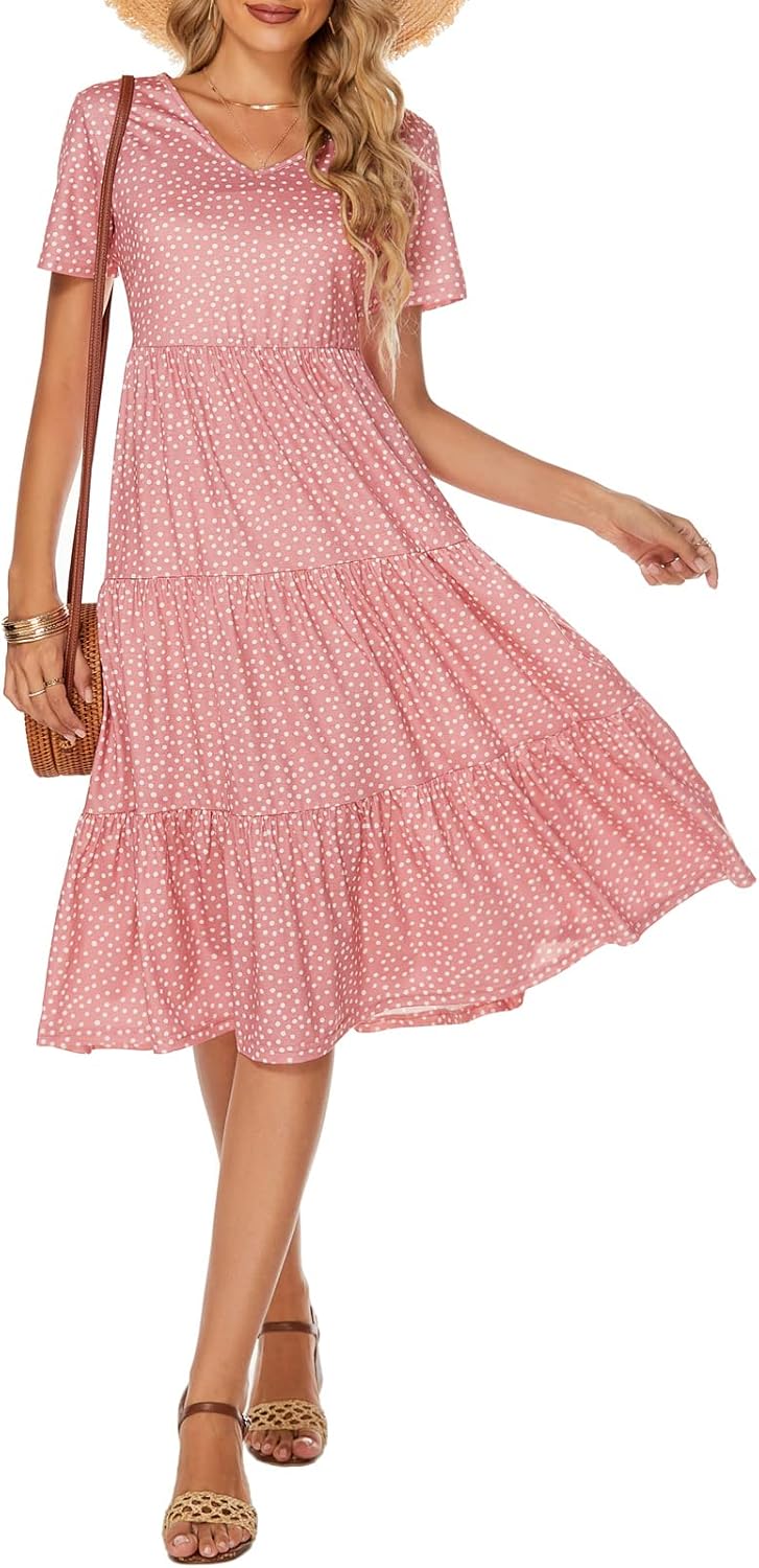 Women'S Casual Summer Tiered Midi Dress 2025 Short Sleeve V-Neck Loose Cotton Ruffle Babydoll Dress Boho Sundress