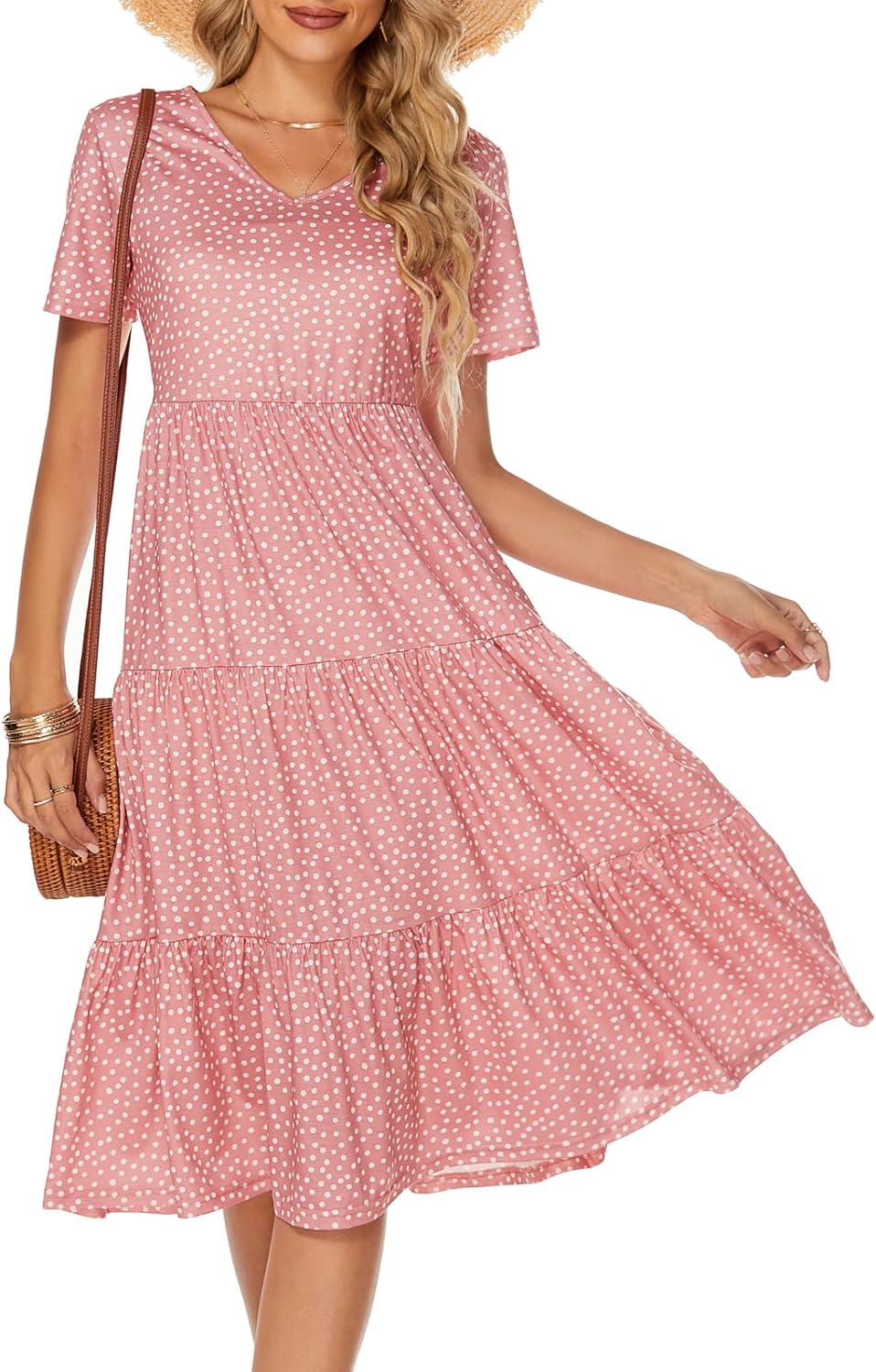 Women'S Casual Summer Tiered Midi Dress 2025 Short Sleeve V-Neck Loose Cotton Ruffle Babydoll Dress Boho Sundress