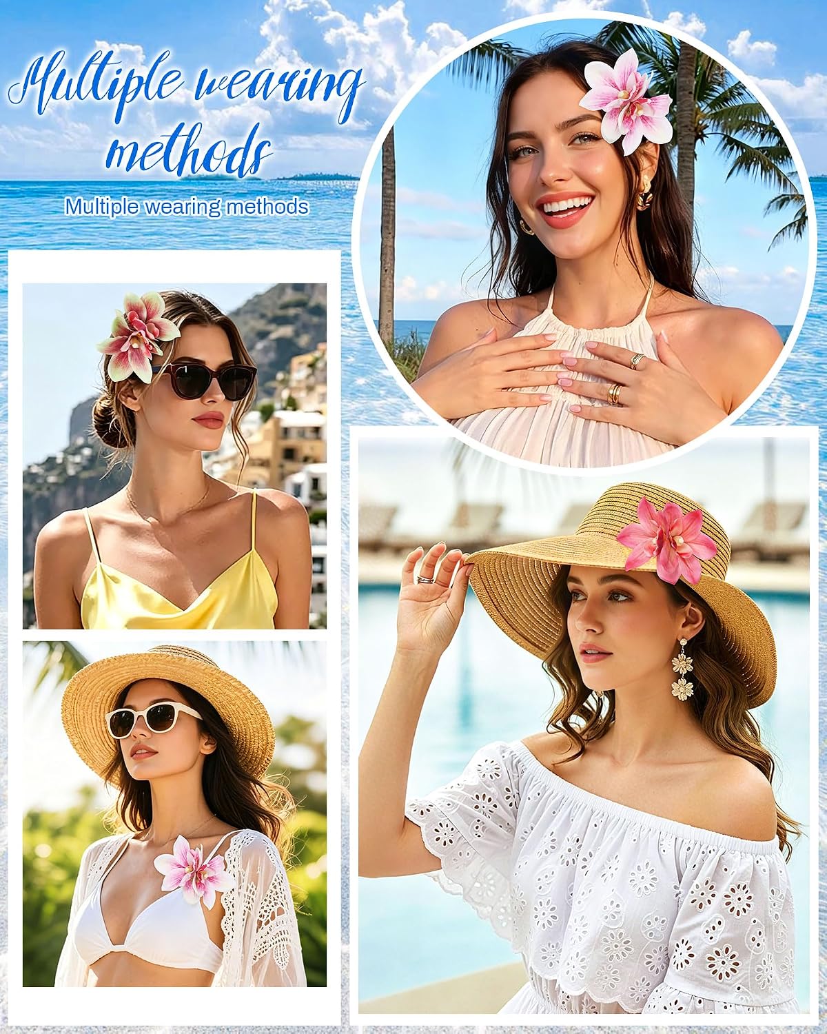 3 PCS Hawaiian Flower Hair Clips for Women Artificial Orchid Hair Barrettes Hibiscus Flower Hair Clips for Wedding Bridal Beach Party(Pink+Rose+Green)